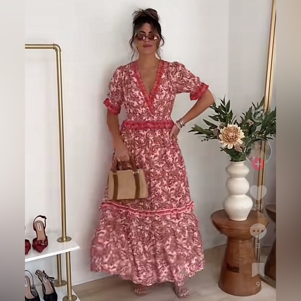 AVARA Paisley Print Pink Red Tiered Maxi Dress Women's Size XS